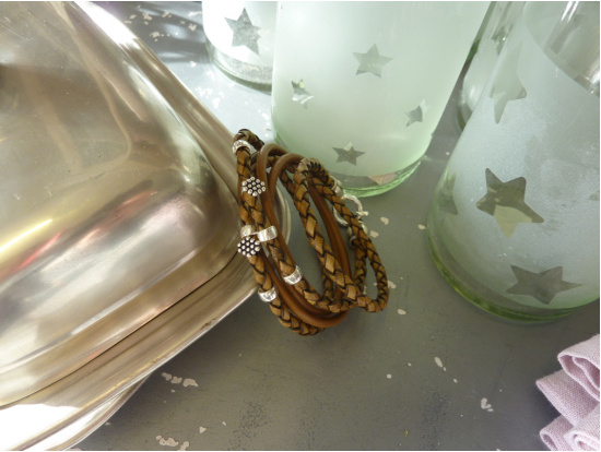 Cognac-Armband, 6-reihig, mit Silberteilen