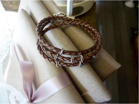 Braunes Leder-Armband, 3-reihig, 7 Silberteile