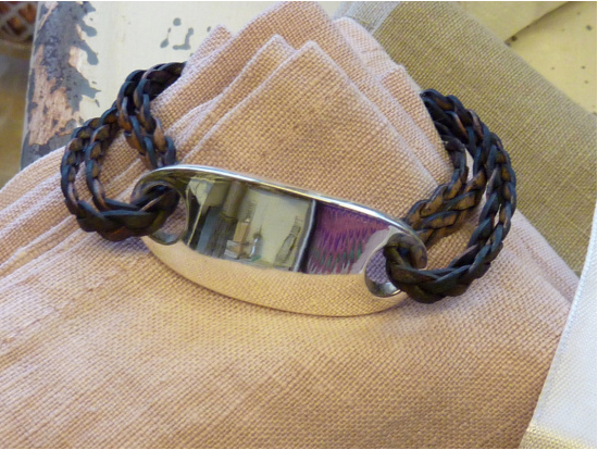 Leder-Armband, geflochten, braun/lila, Silberschnalle
