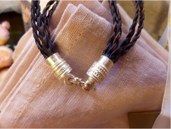 Leder-Armband, geflochten, braun/lila, Silberschnalle