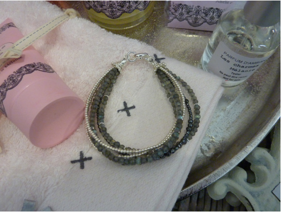 Labradorit/Hämatit/Silber-Armband, 6-reihig