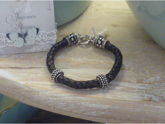 Leder-Armband "Antik-Stil", 2 Silberringe