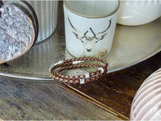 Lederarmband Haselnussbraun, 2-reihig, 3 Silberteile