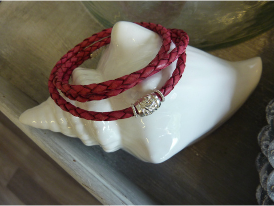 Pinkes Leder-Armband, 3-reihig, 1 Silberring