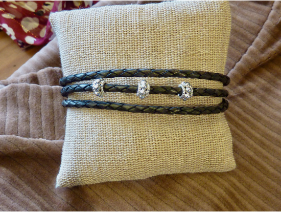 Leder-Armband 3-reihig, grau, mit 3 Silberteilen